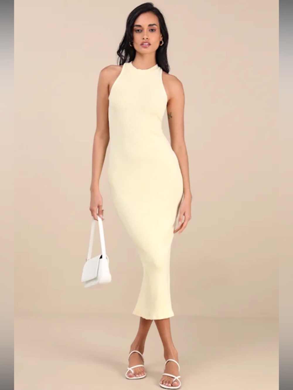 Pretty Essentially Sweet Light Yellow Ribbed Sleeveless Midi COTTON Dress